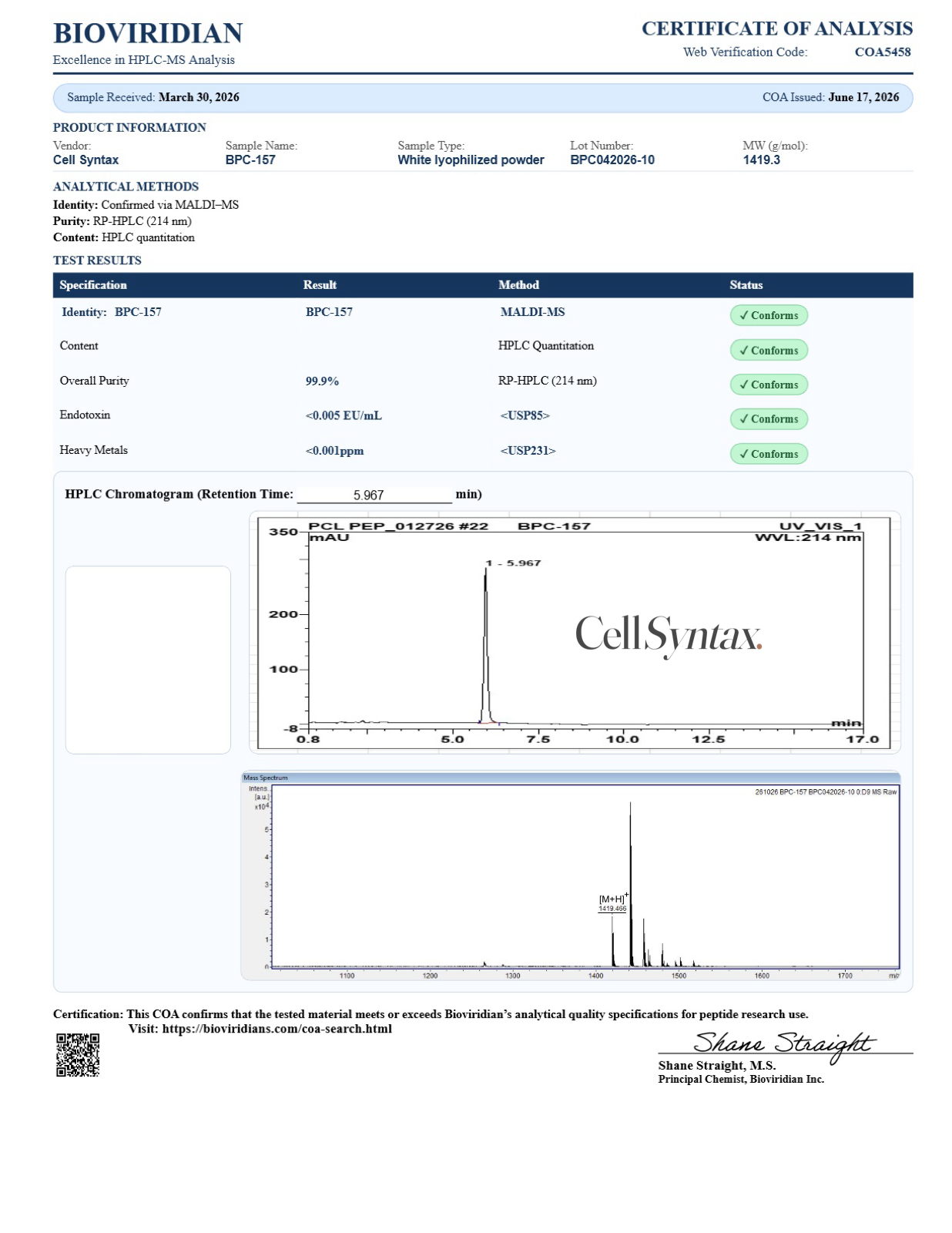 Posted BPC-157 Certificate of Analysis record