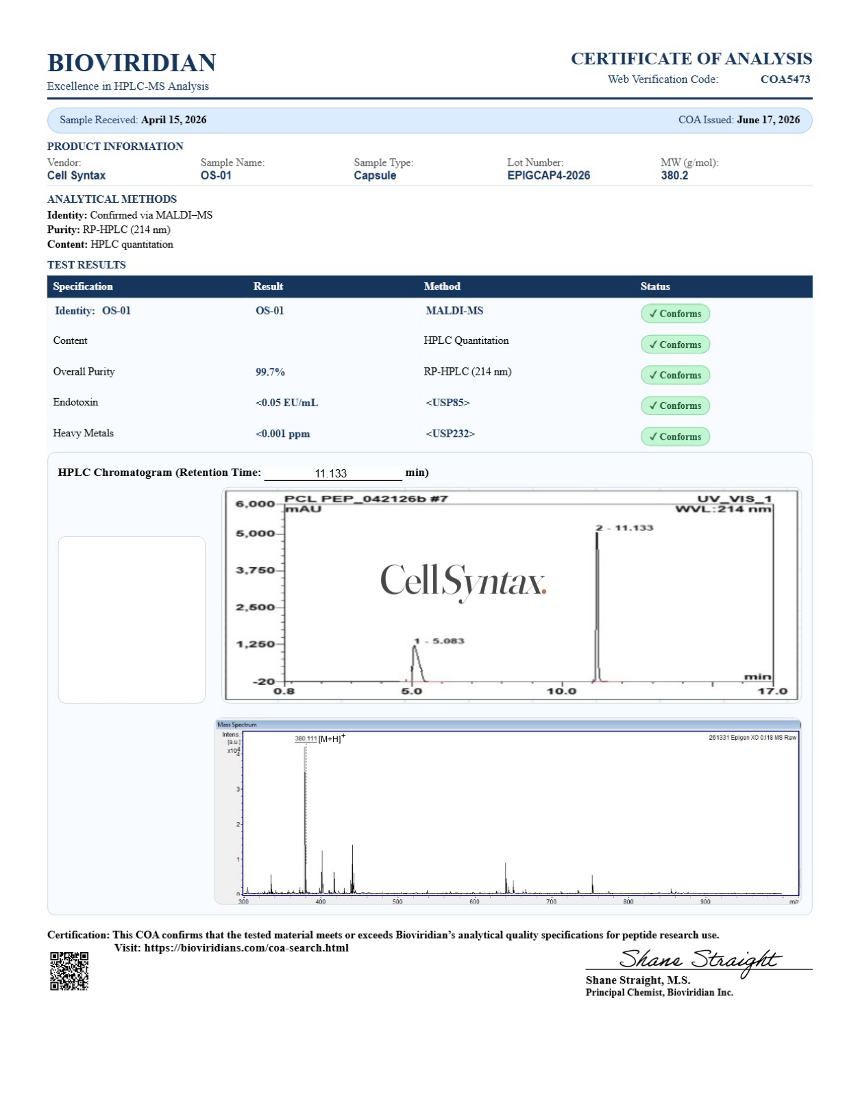 Certificate of Analysis preview for OS-01 Capsules 100mg