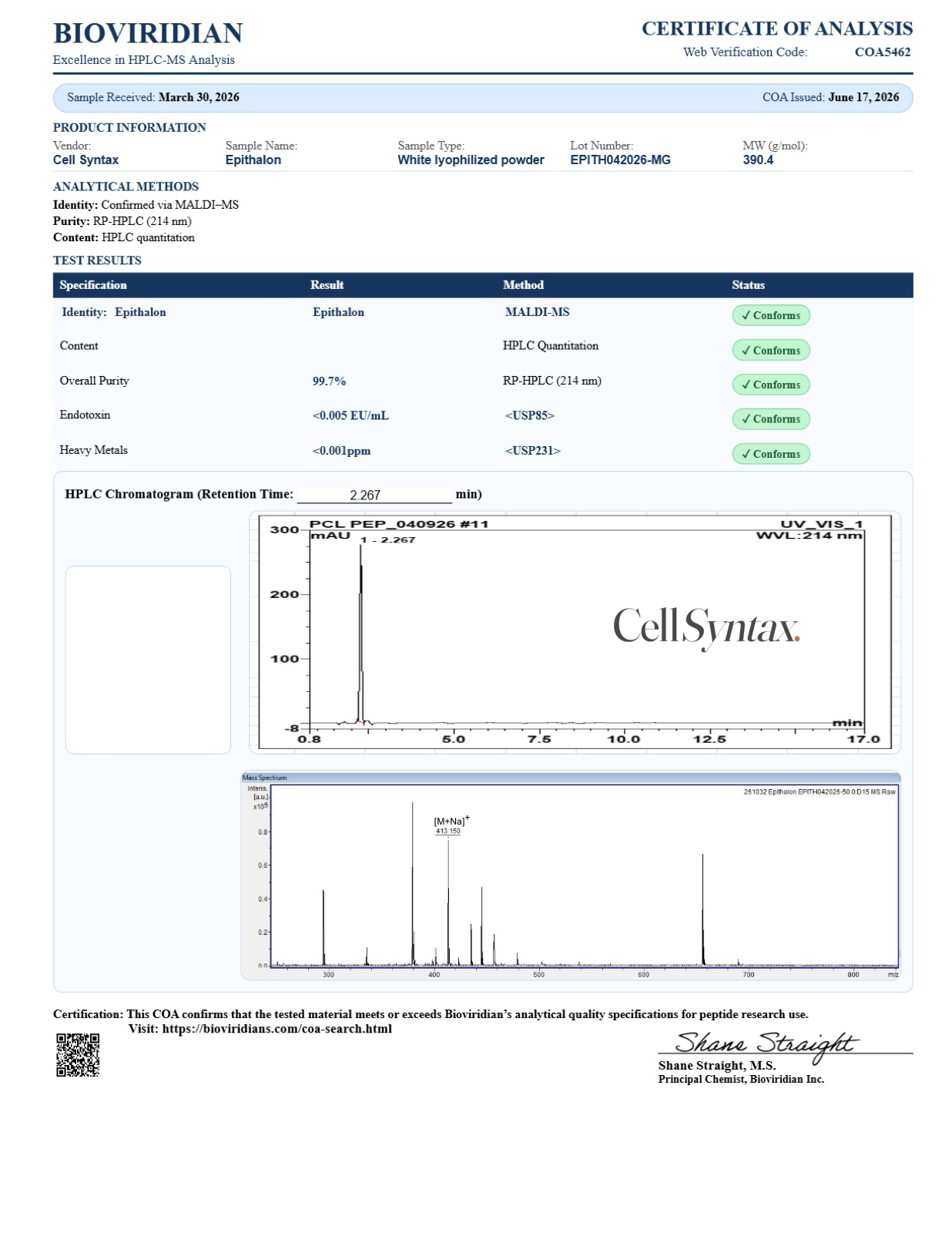 Certificate of Analysis preview for Epithalon 50mg