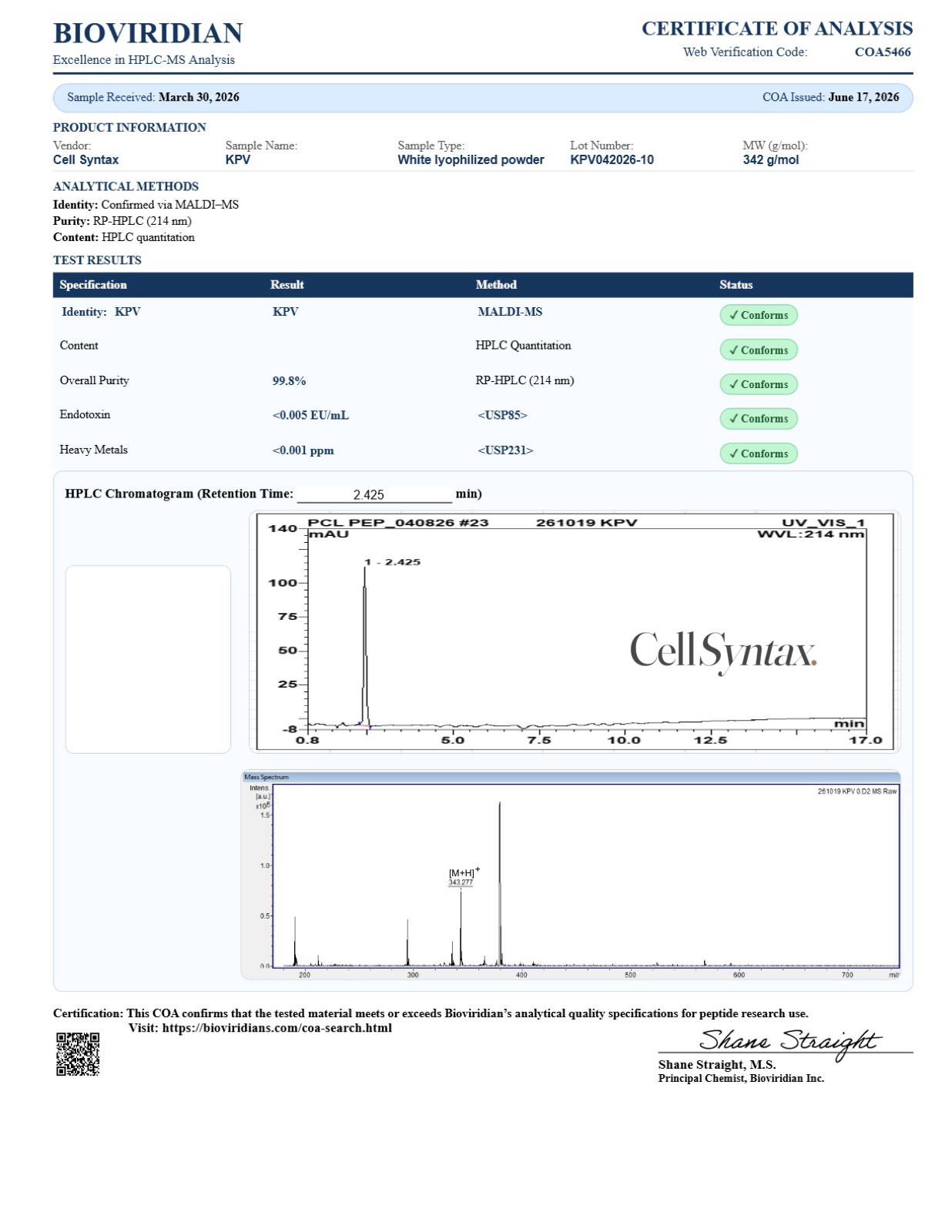 Certificate of Analysis preview for KPV 10mg