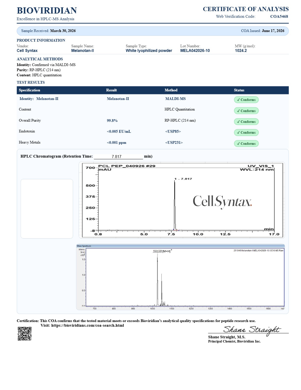 Certificate of Analysis preview for Melanotan 2 10mg