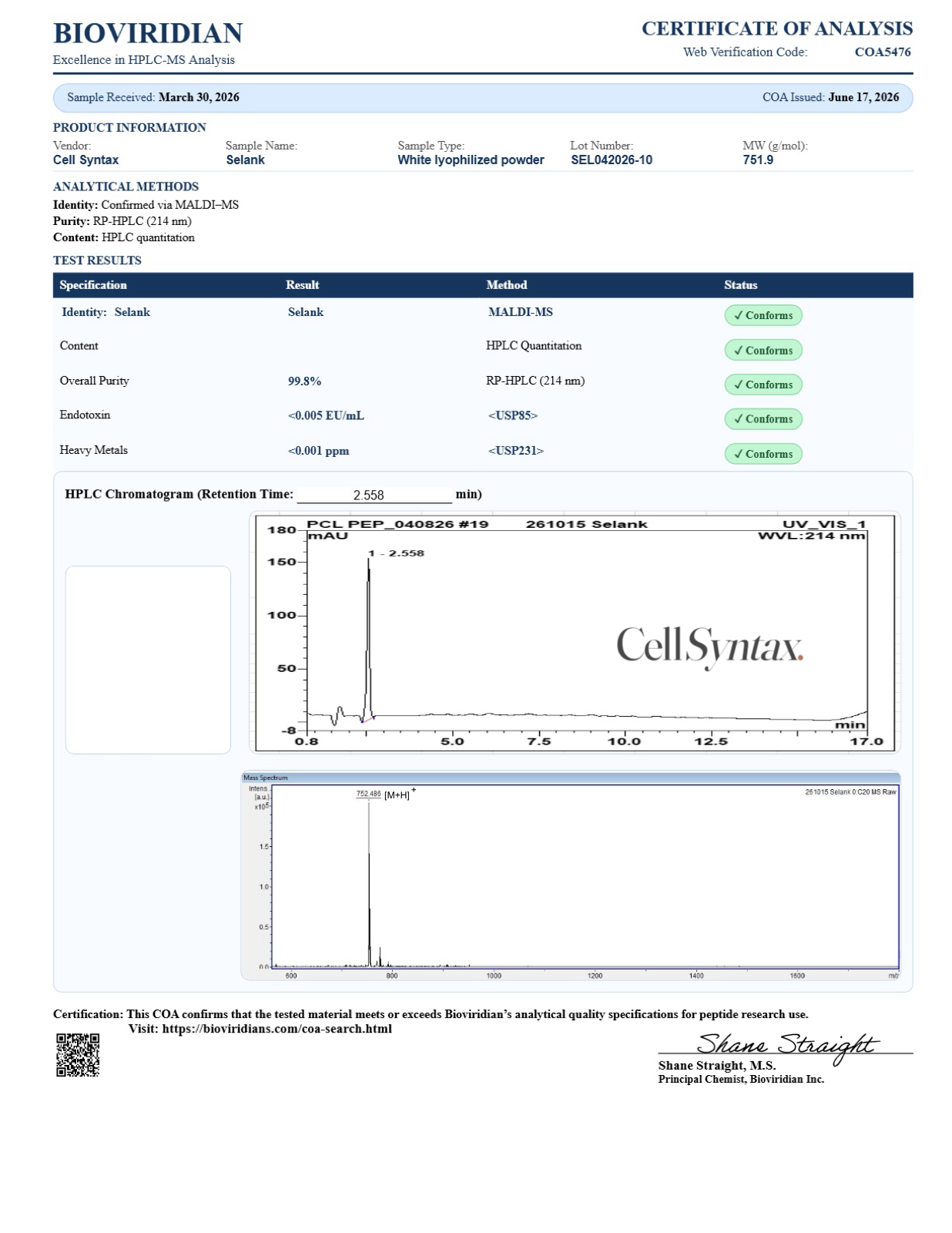 Certificate of Analysis preview for Selank 10mg