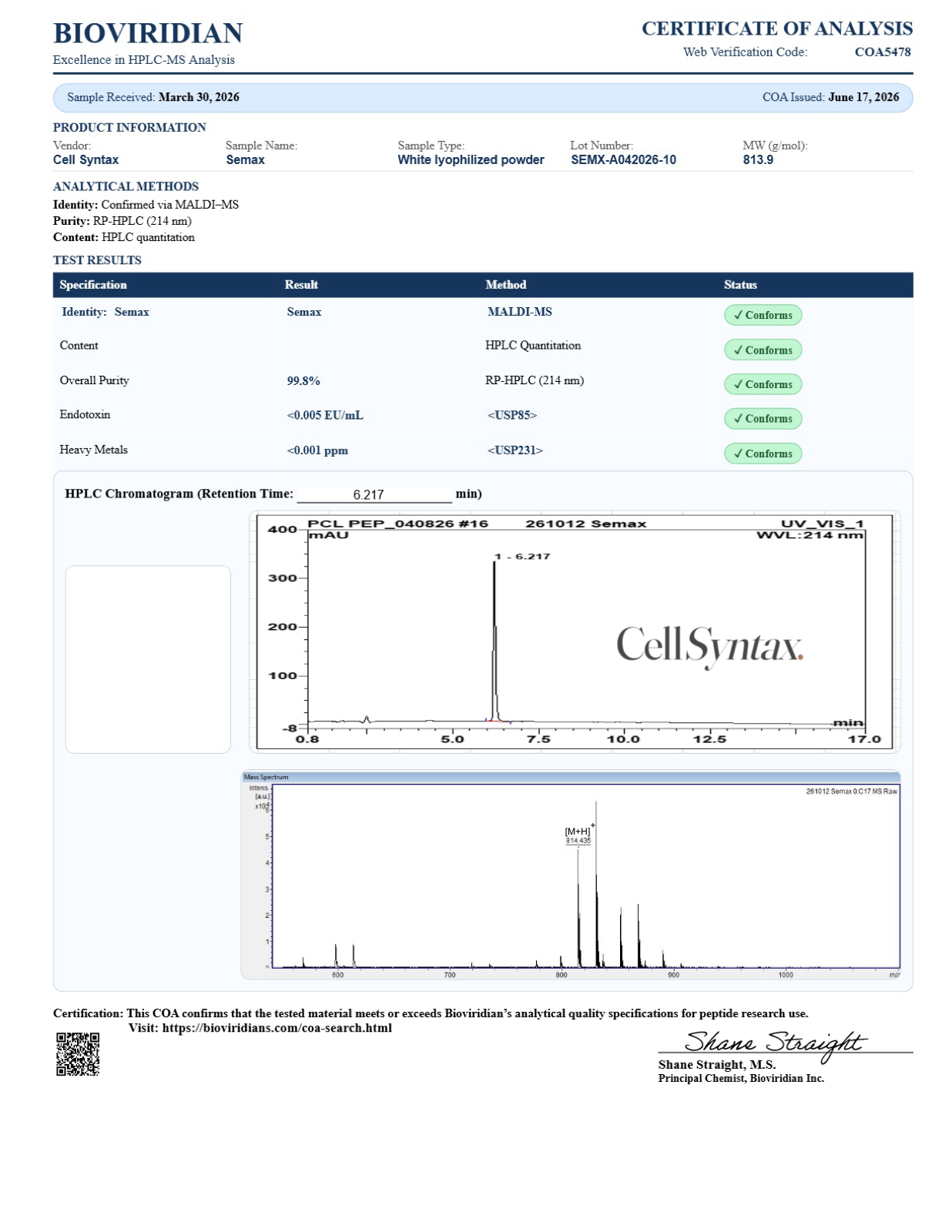 Certificate of Analysis preview for Semax 10mg