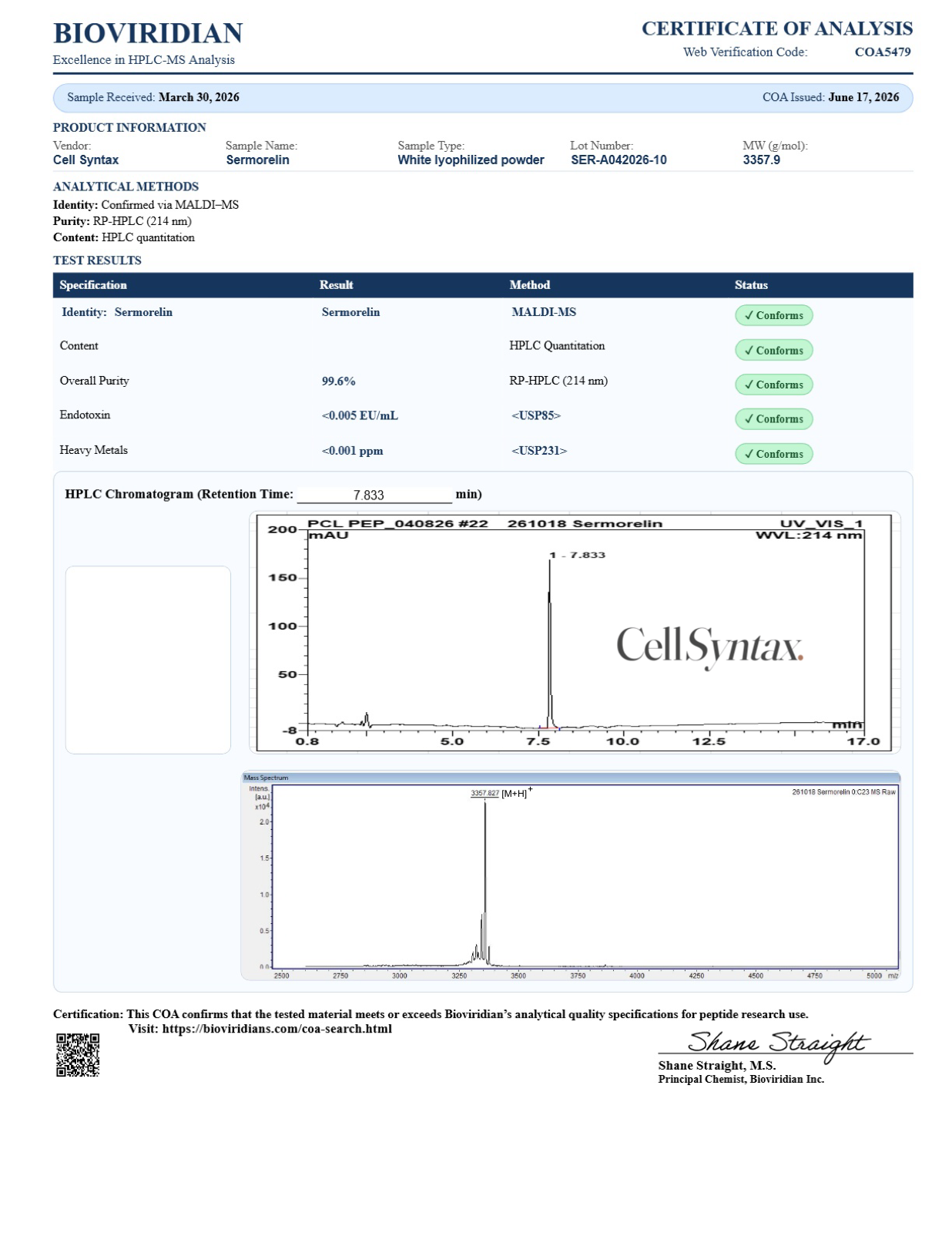 Certificate of Analysis preview for Sermorelin 10mg