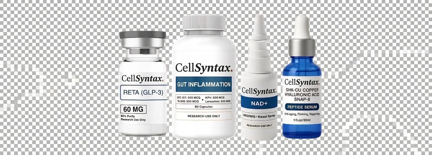 Four CellSyntax peptide formats: lyophilized vial, capsule bottle, nasal spray, and serum dropper.